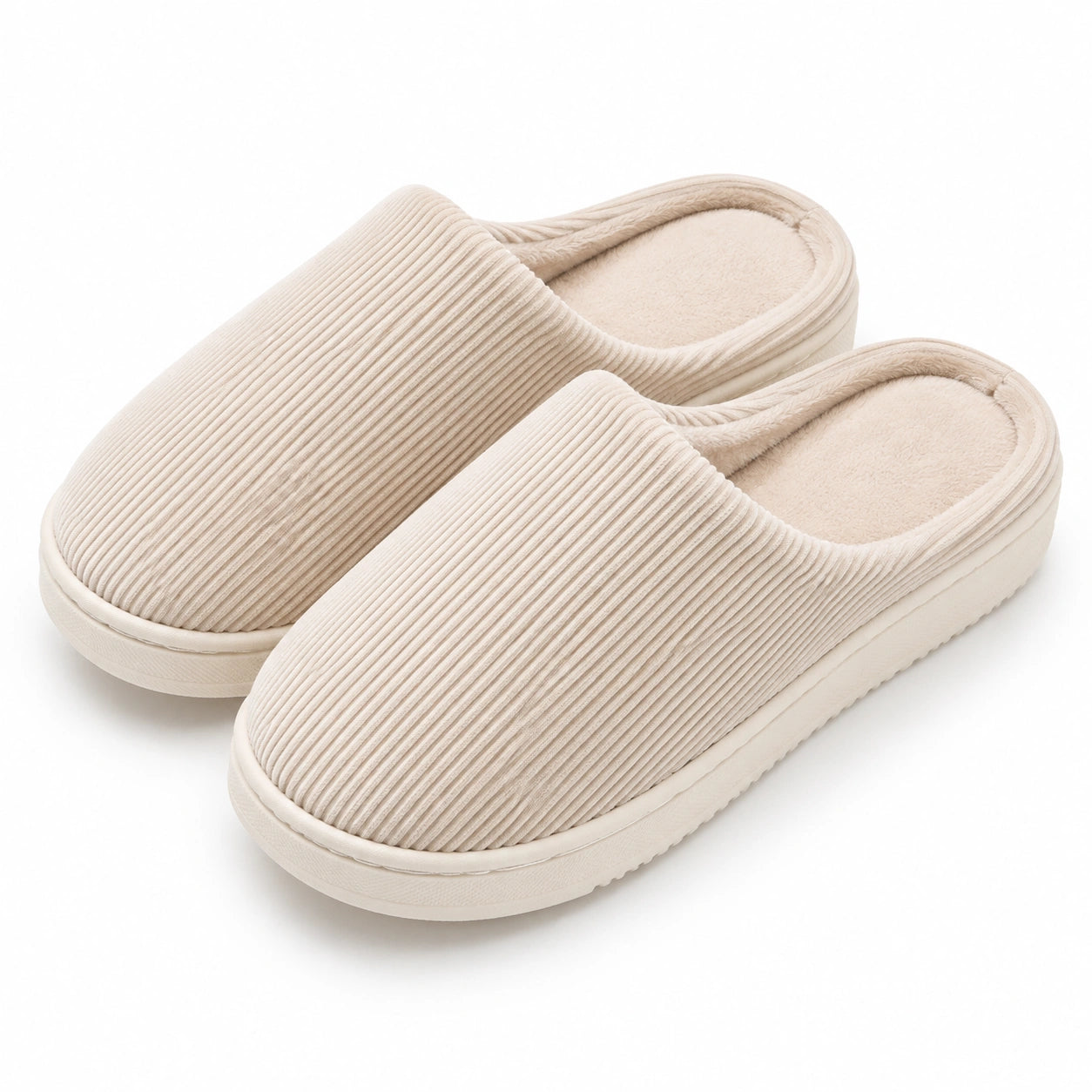 Hausschuhe Größe 42/43 aus Cordstoff in Beige mit Plüschfutter und rutschfester Sohle